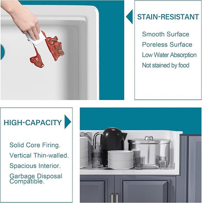 33x22 Drop In Kitchen Sink Workstation White 1 Hole, 33 Inch Large Fireclay Workstation Sink Drop In Single Bowl, Topmount, with 4 Accessories (Cutting Board Included), for Kitchen