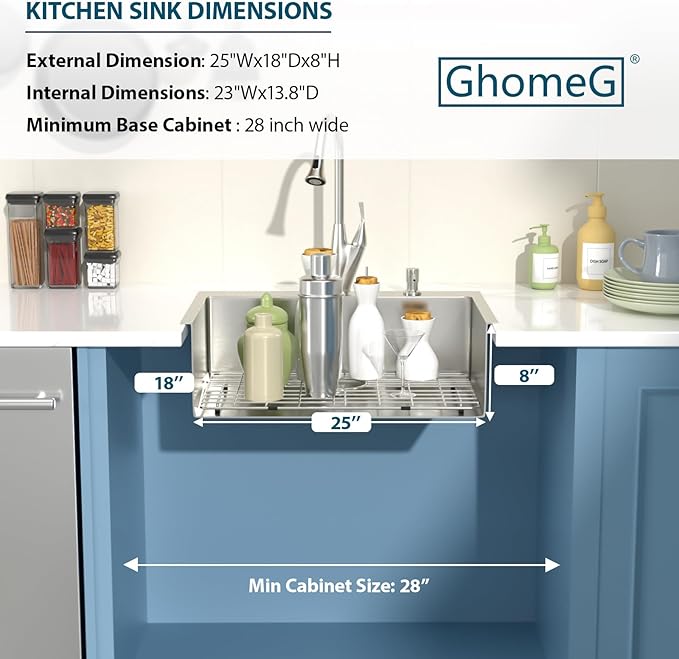 Drop in Kitchen Sink 25X18 Inch 16 Gauge Stainless Steel Handmade Topmount Kitchen Sink Single Bowl - 8 Inches Deep