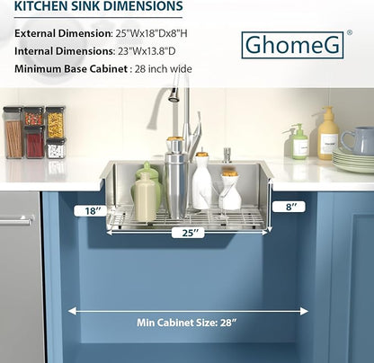 Drop in Kitchen Sink 25X18 Inch 16 Gauge Stainless Steel Handmade Topmount Kitchen Sink Single Bowl - 8 Inches Deep