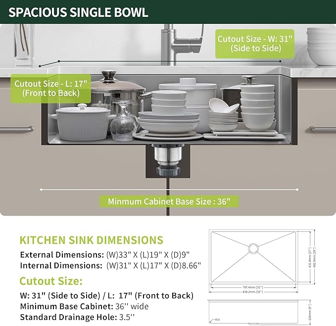 33-inch Undermount Kitchen Sink - SINKVINE Single Bowl Stainless Steel Kitchen Sink, Large Size Handmade Basin with 3.5-inch Drain Strainer, Bottom Grid Protector, Roll-up Drying Unit, 33" x 19" x 9"