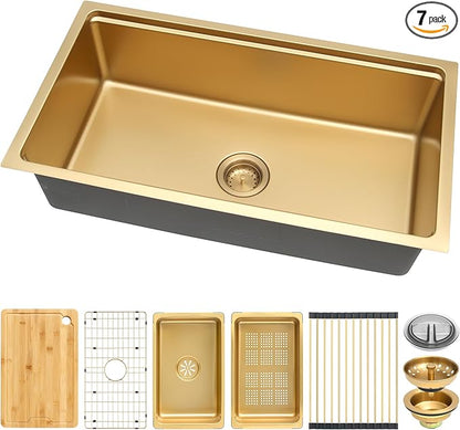 MILOSEN 32 Inch Gold Undermount Kitchen Sink, 32" x 18" Gold Workstation Sinks, Stainless Steel Single Bowl Sink with Custom Accessories, Modern Under Counter Design, 9'' Large and Deep Kitchen Sinks