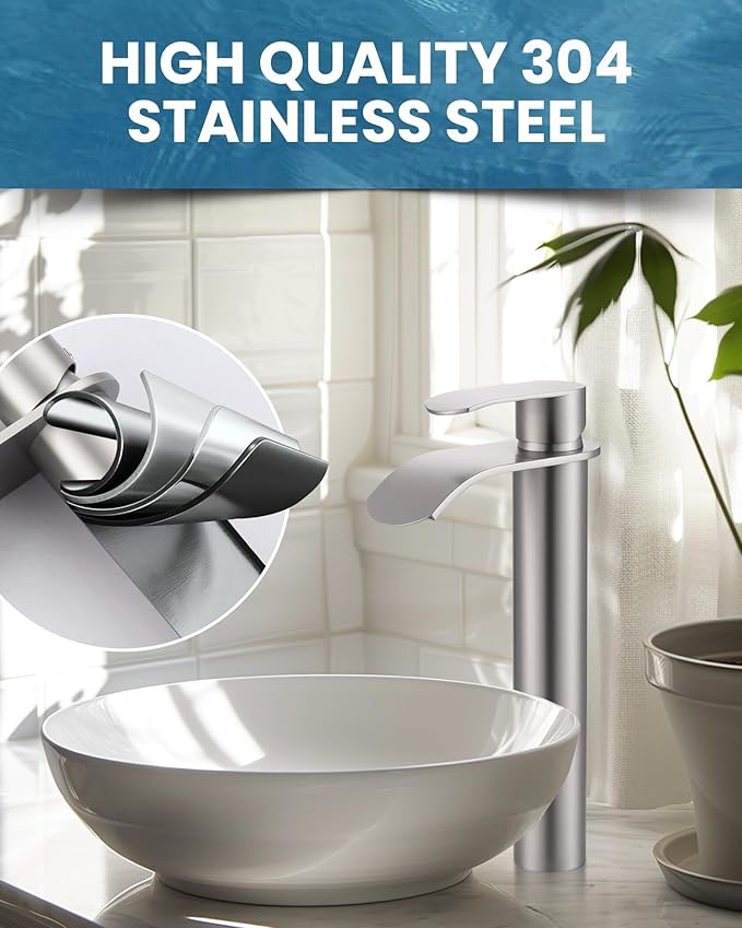 Vessel Sink Faucet Brushed Nickel for Bathroom：WOWOW Single Handle Tall Bathroom Faucet - Waterfall Single Hole Mixer Bar Tap with Large Rectangular Spout, Deck Mount Lavatory Vanity with Pop Up Drain