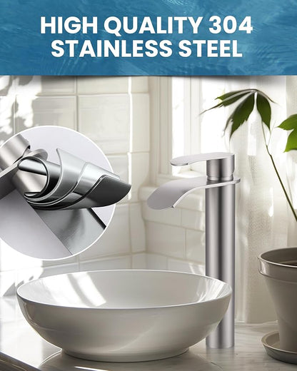 Vessel Sink Faucet Brushed Nickel for Bathroom：WOWOW Single Handle Tall Bathroom Faucet - Waterfall Single Hole Mixer Bar Tap with Large Rectangular Spout, Deck Mount Lavatory Vanity with Pop Up Drain