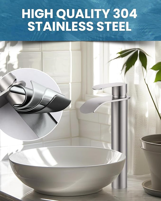 Vessel Sink Faucet Brushed Nickel for Bathroom：WOWOW Single Handle Tall Bathroom Faucet - Waterfall Single Hole Mixer Bar Tap with Large Rectangular Spout, Deck Mount Lavatory Vanity with Pop Up Drain