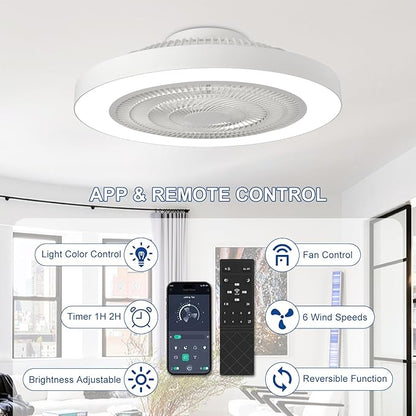 Depuley Modern Ceiling Fan with Light: 19" Bladeless Flush Mount Low Profile LED Ceiling Fans with Remote & Smart APP Control - White Enclosed Fandelier Dimmable Quiet DC Motor for Bedroom Kids Room