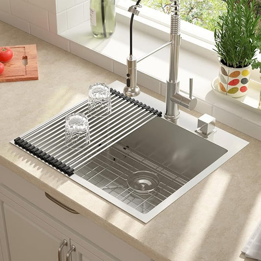 Lordear 25 Drop In Kitchen Sinks 25 x 22 Single Bowl Stainless Steel 16 Gauge Topmount Over Counter Handmade Kitchen Laundry Room Utility Sink Basin