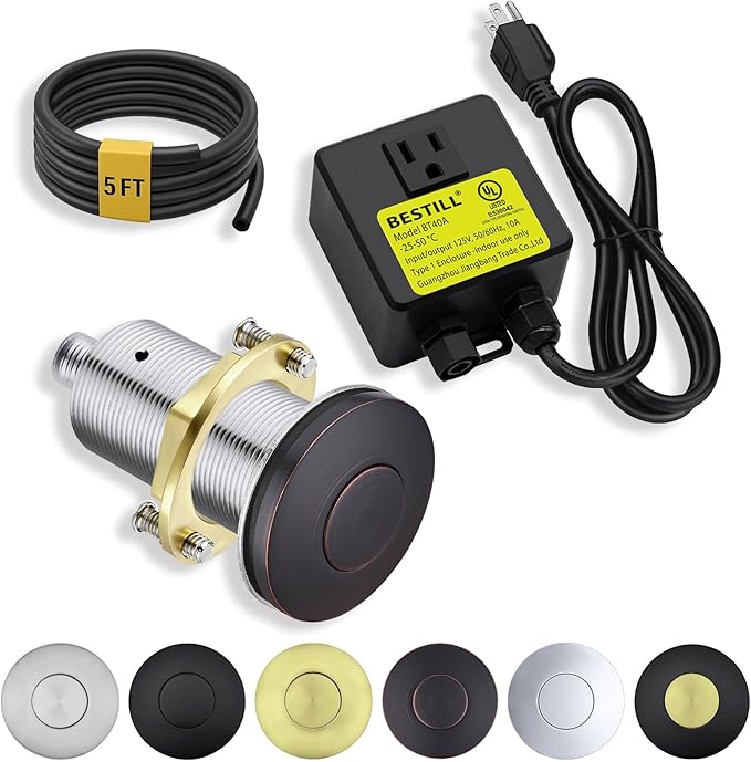 BESTILL Garbage Disposal Air Switch Kit - All Metal, UL Listed Long Push Button for Waste Disposer, Single Outlet Sink Top Solid Brass Air On/Off Button, Oil Rubbed Bronze