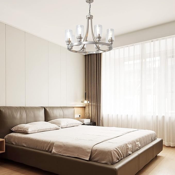 Modern Brushed Nickel Chandelier 8 Lights, Dining Room Lighting Fixtures Farmhouse Chandelier Hanging Industrial Pendant Lighting for Kitchen Island Dining Room