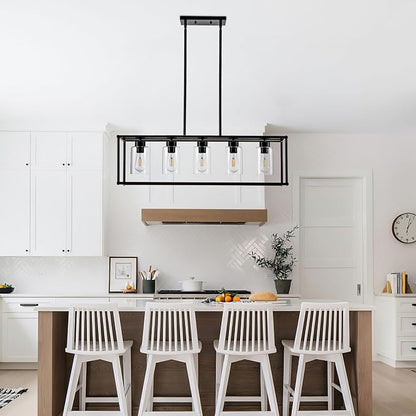 5 Light Dining Room Light Fixture Matte Black Farmhouse Chandelier Over Table Rectangular Kitchen Pendant Lighting Rectangle Modern Industrial Living Room Hanging Lights Adjustable Height