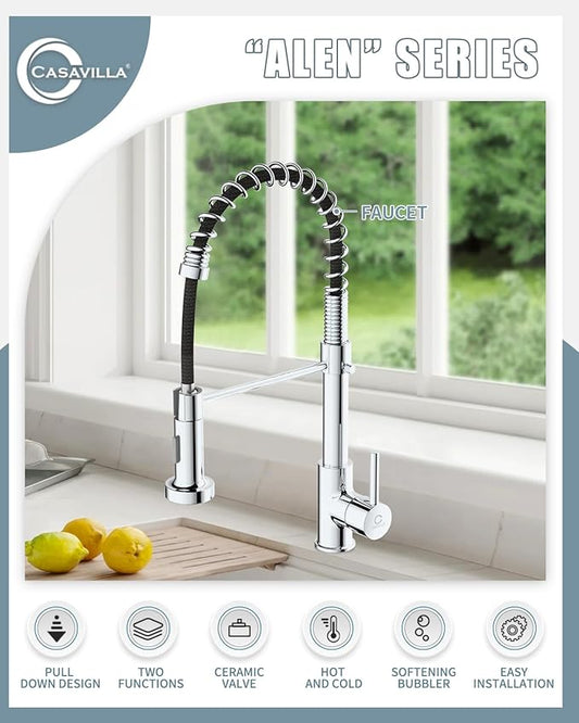 Kitchen Faucet, Commercial Kitchen Sink Faucets with Pull Down Sprayer, Stainless Steel Faucets for Kitchen Sinks, Dual Function Spray Head, Single Handle Spring Kitchen Faucets -Chrome Finish