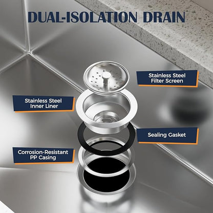 30 Inch Undermount Kitchen Sink - 30x19x9 Kitchen Sinks with Brushed, 18 Gauge 304 Stainless Steel Includes Drain Strainer, Deep Single Bowl Handmade Basin