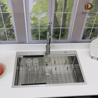 33x22 Drop In Kitchen Sink, Delironexu 33 Inch Kitchen Sink Workstation, 16 Gauge 304 Stainless Steel Top Mount Kitchen Sink Single Bowl with Accessories