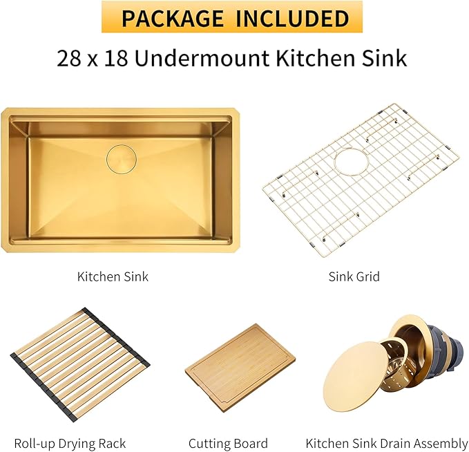 Gold Undermount Kitchen Sink, 16 Gauge T-304 Stainless Steel All In One Workstation Sinks With Full Set Accessories, 30" x 18" x 10" Large and Deep Handmade Single Bowl Kitchen Sinks