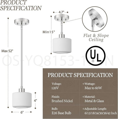 Milk Glass Pendant Lights Kitchen Island 2 Pack, Modern Brushed Nickel Hanging Light Fixtures with Rods, Mini Kitchen Pendant Lighting Over Island for Sink Bathroom, OS-YQ8153-2PBN