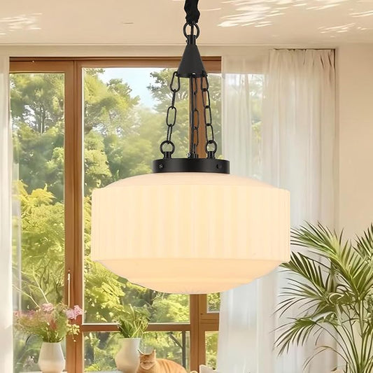 Schoolhouse Pendant Light, 14inch Milk Glass Pendant Light Vintage Black Chandelier Adjustable Height Mid Century Modern Pendant Lighting for Kitchen Island Dining Room Foyer Hallway