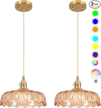 Battery Operated Pendant Light,Vintage Light Fixtures 2500mAh 9.4in RGB Light Bulb Amber Modern Chandelier with Remote Control Wireless Adjustable Rechargeable Chandelier for Kitchen Island 2 Pack