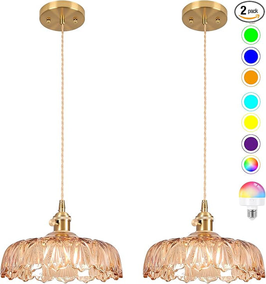 Battery Operated Pendant Light,Vintage Light Fixtures 2500mAh 9.4in RGB Light Bulb Amber Modern Chandelier with Remote Control Wireless Adjustable Rechargeable Chandelier for Kitchen Island 2 Pack