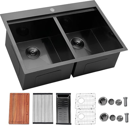 33x22 Double Bowl Kitchen Sink 33 Inch Black, Stainless Steel Drop in Double Basin Kitchen Sink, Topmonut 50/50 Kitchen Sinks Workstation Sink with Accessories