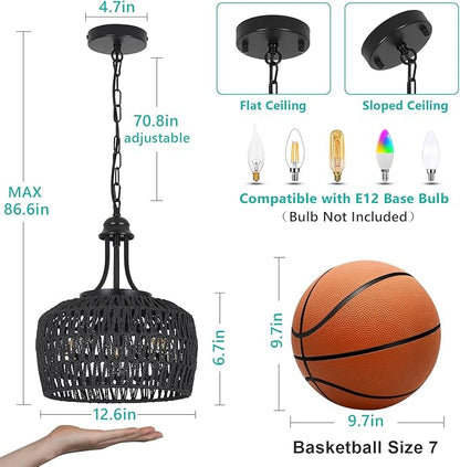 HMVPL Black Rattan Chandelier for Dining Room, 3-Light Boho Light Fixture with Woven Lampshade, Wicker Pendant Light Ceiling Hanging, Farmhouse Kitchen Chandelier for Bedroom Living Room Entryway