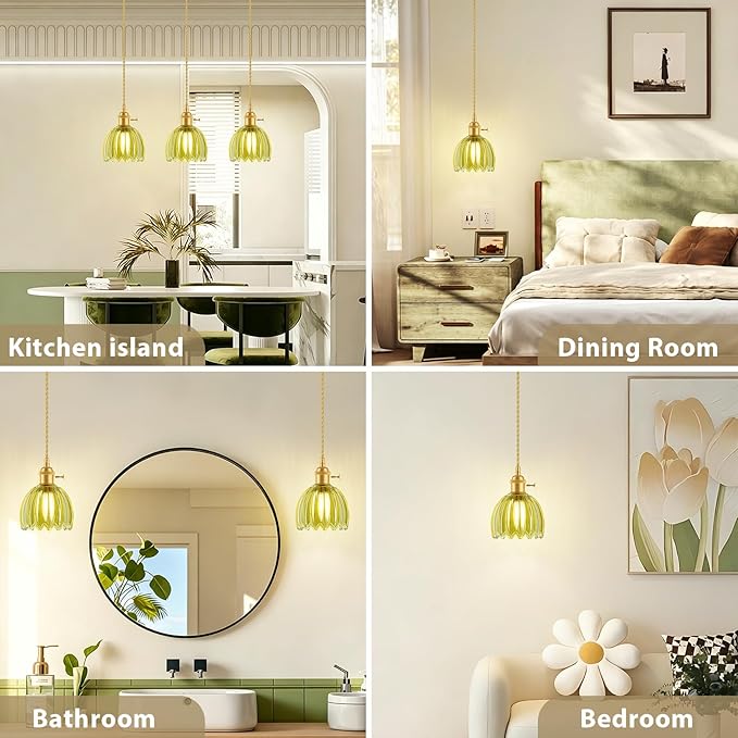 Ralbay 3 Pack Pendant Lights with Green Tulip Glass Lampshade, Mini Pendant Light Fixture with Switch, Adjustable Vintage Brass Hanging Light for Kitchen Island Bedroom Dining Room Hallway