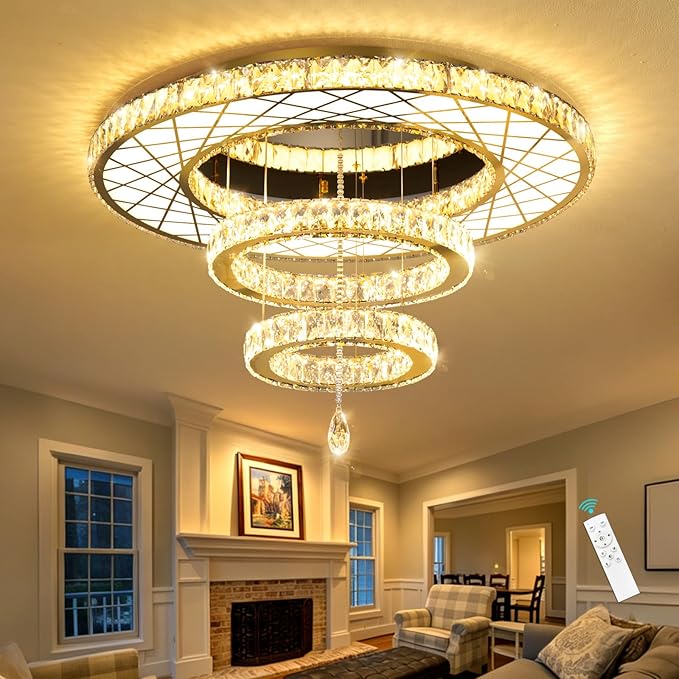 HAIXIANG LED Chandeliers for Dining Room Ceiling Light, 32in Flush Mount Chandelier Light Fixtures with Dimmable Lights Bright Lighting for Living Room Bedroom Entryway Gold