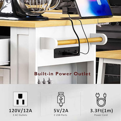 48-Inch Kitchen Island Set with 2 Bar Stools, Outlet & USB Charging Station, Mobile Cart with Drop Leaf, 2 Drawers, 5 Open Shelves & Door Storage, White | Farmhouse Modern All-in-One Storage