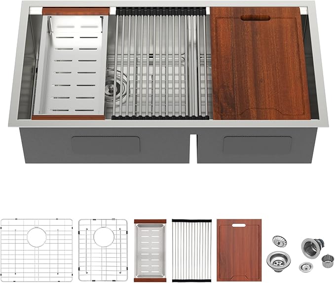 36 Inch Double Bowl Kitchen Sink - Mocoloo 36 x 19 Undermount Kitchen Sinks Workstation 16 Gauge Stainless Steel 60/40 Double Sink Handmade with 2 Compartment Sinks