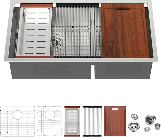 36 Inch Double Bowl Kitchen Sink - Mocoloo 36 x 19 Undermount Kitchen Sinks Workstation 16 Gauge Stainless Steel 60/40 Double Sink Handmade with 2 Compartment Sinks