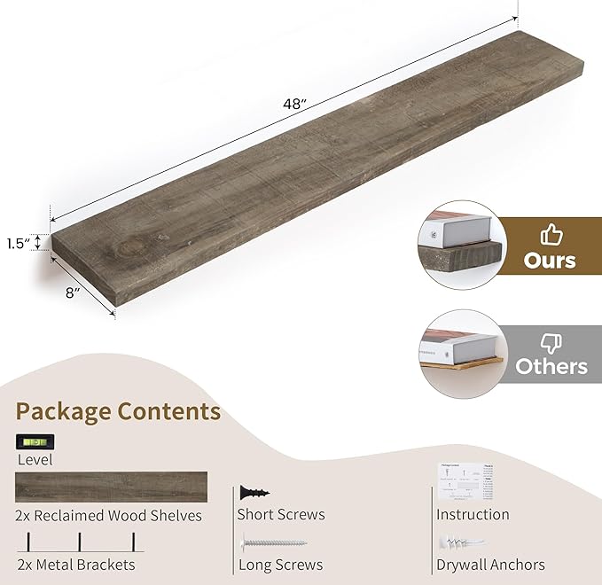 FLYJOE 48 Inch Fireplace Mantel Shelf - 8 Inch Deep Rustic Solid Reclaimed Wood Floating Shelf, Wall Mounted Farmhouse Display Shelf with Invisible Heavy Duty Metal Bracket, Set of 2, Cement Grey