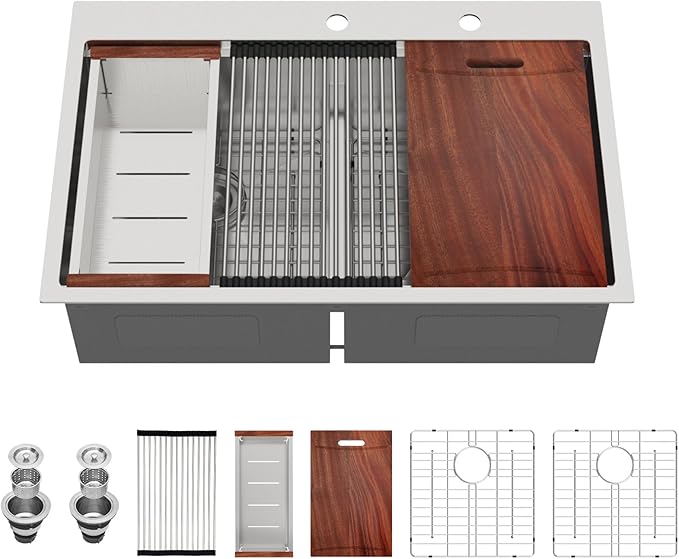 33-inch Drop In Kitchen Sink - Double Bowl 50/50 Multifunctional Workstation Kitchen Sink, 304 Stainless Steel 16 Gauge Above Counter Deep Sinks for Kitchen with Mixing Bowl, 33''x22''x10''