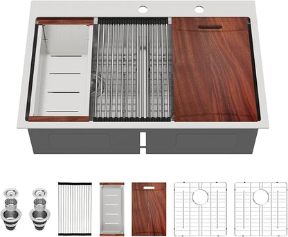 33-inch Drop In Kitchen Sink - Double Bowl 50/50 Multifunctional Workstation Kitchen Sink, 304 Stainless Steel 16 Gauge Above Counter Deep Sinks for Kitchen with Mixing Bowl, 33''x22''x10''