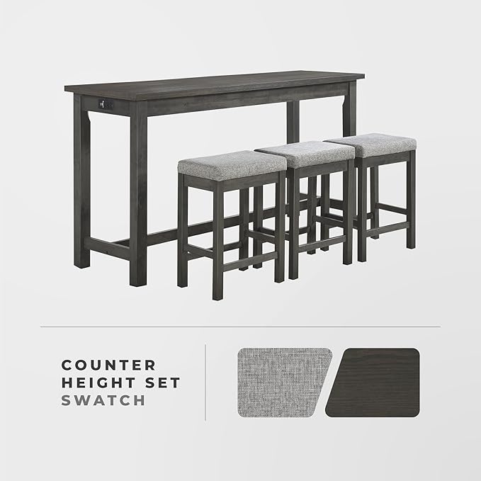 Lexicon Oreille Bar Table with Stools Set, Modern Console Table with Stools - 4-Piece Set with 2 USB Ports & A/C Power Outlets, Counter Height, Discrete Drawer, Perfect Dining Room & Kitchen Gray