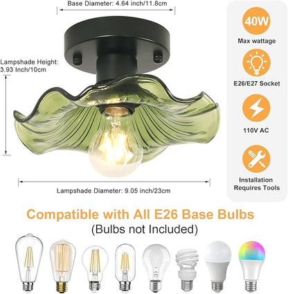 Shenmoyl Semi Flush Mount Ceiling Light, Black Hallway Vintage Fixture With Green Lotus Glass, 4.72" Base Modern Light for Bathroom Porch Kitchen Bedroom
