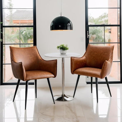 Brown PU Leather Chair, Upholstered Dining Room Chairs with Arms Set of 2 Mid Century Modern Kitchen Chair with Black Metal Legs Comfy Desk Armchair for Restaurant