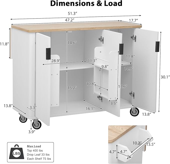 Merax 51" Kitchen Island on Wheels, Rolling Kitchen Island with Drop Leaf, Internal Storage Rack, Towel Rack for Dining Room House Bar, White