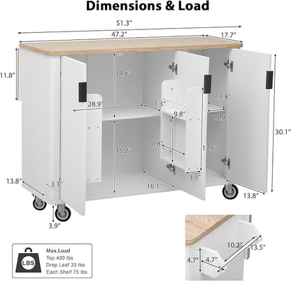 Merax 51" Kitchen Island on Wheels, Rolling Kitchen Island with Drop Leaf, Internal Storage Rack, Towel Rack for Dining Room House Bar, White