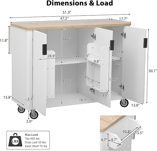 Merax 51" Kitchen Island on Wheels, Rolling Kitchen Island with Drop Leaf, Internal Storage Rack, Towel Rack for Dining Room House Bar, White