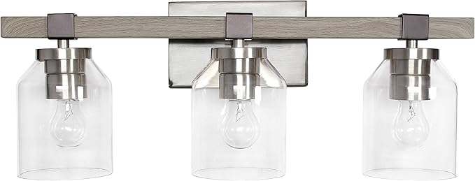 Elegant Designs VT1020-GRY 22" Country Farmhouse Gray and Brushed Nickel Decorative 3 Light Wall Mounted Metal Vanity Fixture with Clear Glass Shades for Bathroom, Entryway, Hallway
