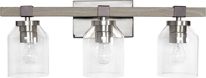 Elegant Designs VT1020-GRY 22" Country Farmhouse Gray and Brushed Nickel Decorative 3 Light Wall Mounted Metal Vanity Fixture with Clear Glass Shades for Bathroom, Entryway, Hallway