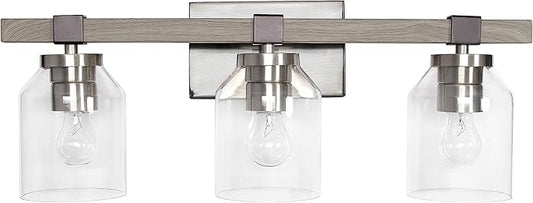 Elegant Designs VT1020-GRY 22" Country Farmhouse Gray and Brushed Nickel Decorative 3 Light Wall Mounted Metal Vanity Fixture with Clear Glass Shades for Bathroom, Entryway, Hallway