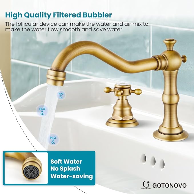 gotonovo Bathroom Faucet 3 Hole 8 Inch Widespread Bathroom Sink Faucet 2 Cross Handles Vintage Lavatory Vanity Mixer Tap with Pop Up Drain, Round Font Label, Antique Brass