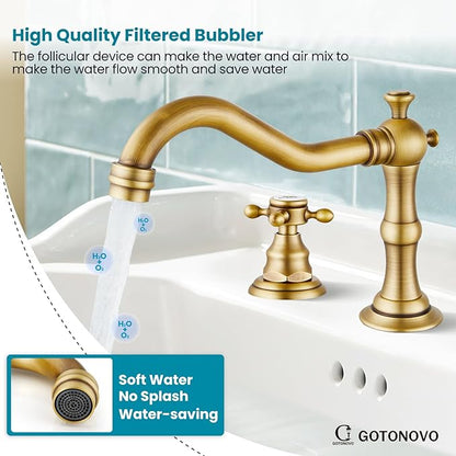 gotonovo Bathroom Faucet 3 Hole 8 Inch Widespread Bathroom Sink Faucet 2 Cross Handles Vintage Lavatory Vanity Mixer Tap with Pop Up Drain, Round Font Label, Antique Brass