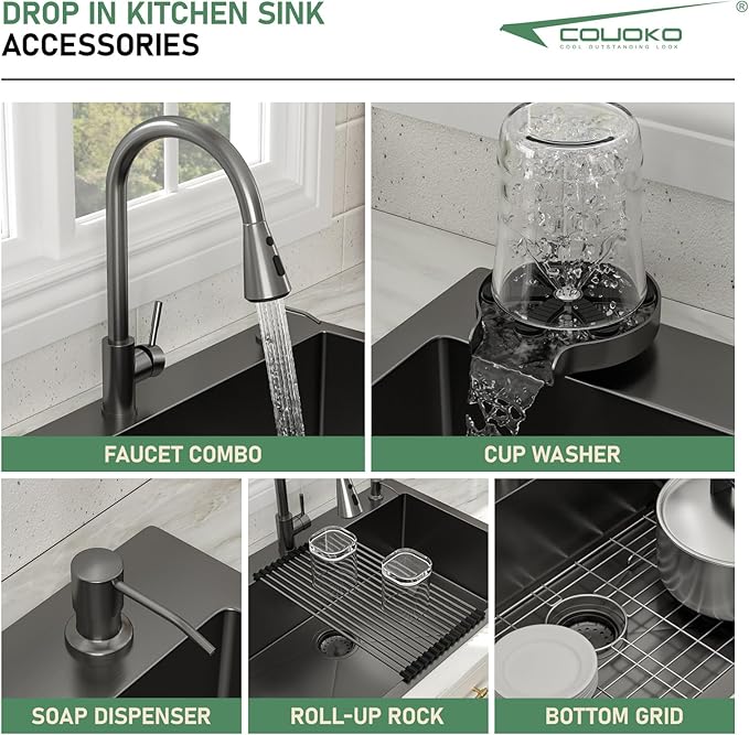 33x22 Black Drop In Kitchen Sink with Faucet Combo16 Gauge Stainless Steel Single Bowl Kitchen Sink Large Deep Round Corner Handmade Topmount Overmount Basin Kitchen Sinks