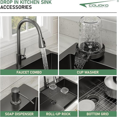 33x22 Black Drop In Kitchen Sink with Faucet Combo16 Gauge Stainless Steel Single Bowl Kitchen Sink Large Deep Round Corner Handmade Topmount Overmount Basin Kitchen Sinks