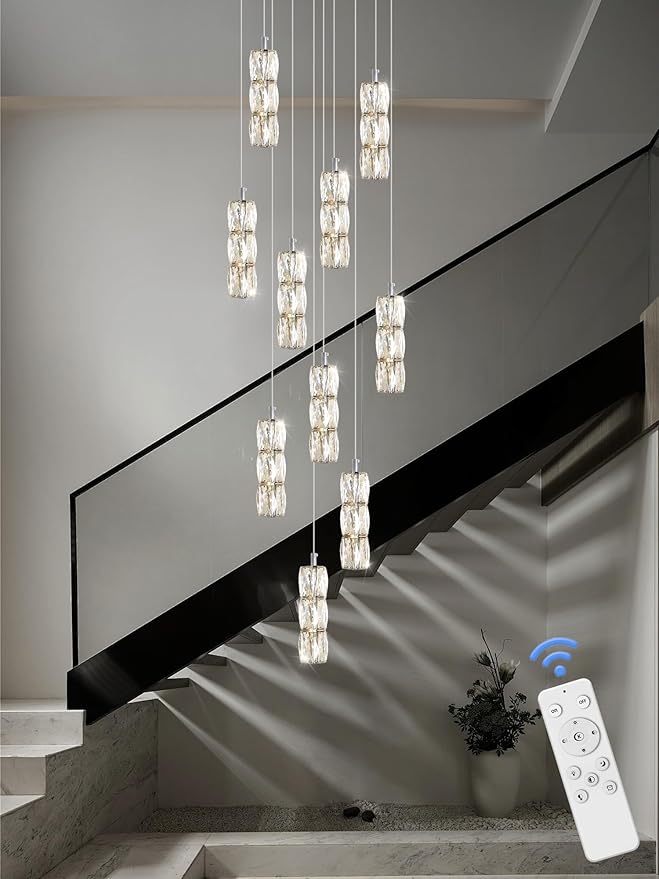 ykolupty Long Staircase Crystal Pendant Chandeliers 10-Lights Silver Column Crystal Chandeliers Foyer Entrance High Ceiling Hanging Chandelier 2700-6000k Dimmable Fixtures LED Big Chandeliers