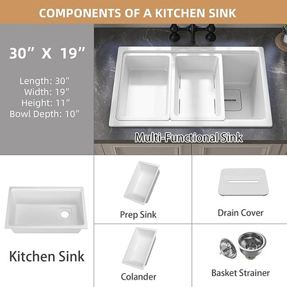 White Undermount Kitchen Sink 30 x19 Granite Composite Kitchen Sink Single Bowl Deep Drop-in Undermount Workstation Sink with Accessory Kit