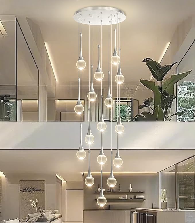 16 Light High Ceiling Crystal Chandelier Dimmable LED Pendant Lights with Remote Adjustable Chandeliers for Foyer Staircase Living Room Sivler