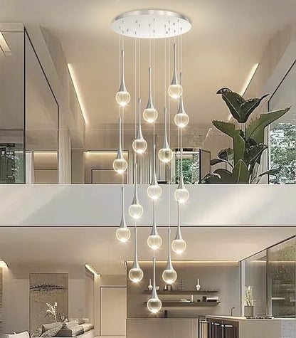 16 Light High Ceiling Crystal Chandelier Dimmable LED Pendant Lights with Remote Adjustable Chandeliers for Foyer Staircase Living Room Sivler