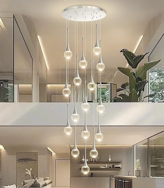 16 Light High Ceiling Crystal Chandelier Dimmable LED Pendant Lights with Remote Adjustable Chandeliers for Foyer Staircase Living Room Sivler