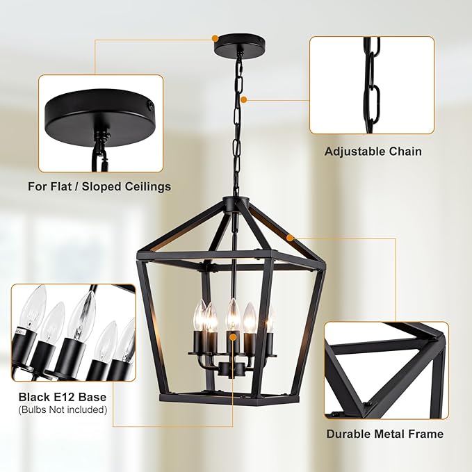 5-Light Black Pendant Lights Kitchen Island, 13 Inch Farmhouse Pendant Light, Adjustable Height Iron Lantern Black Pendant Light Fixtures, Cage Farmhouse Chandelier Island Lights for Kitchen Foyer